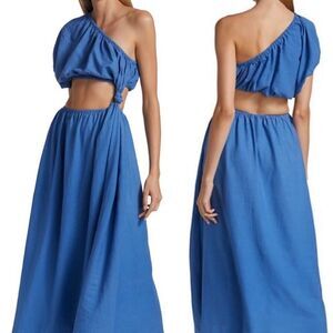 Farm Rio blue knotted one shoulder‎ maxi dress women’s size S